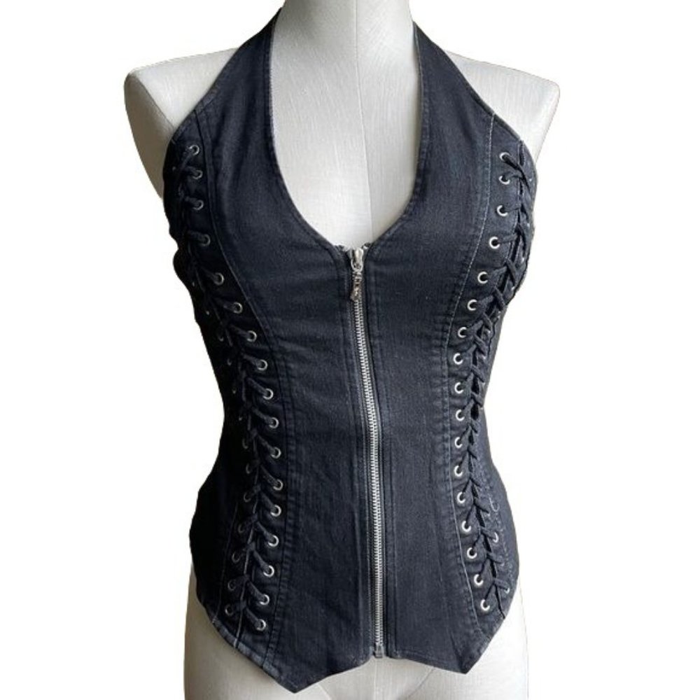 Lydia motorcycle vest Halter Top y2k black denim lace Zip Up Goth Emo Small VTG - Picture 2 of 12